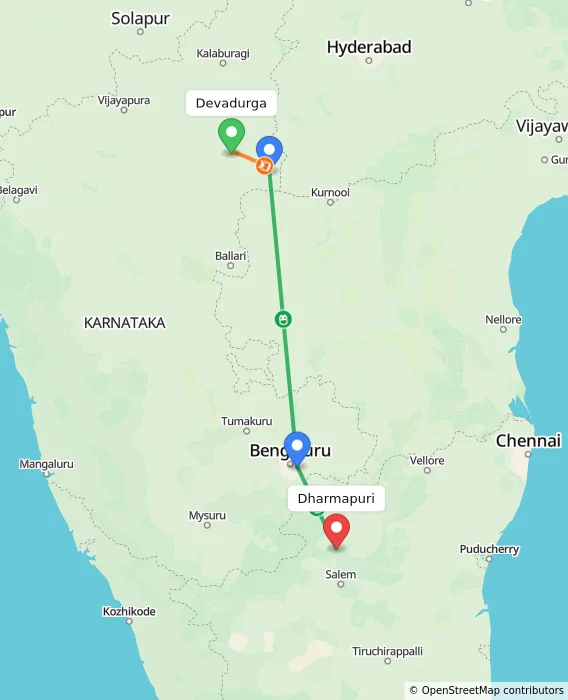Route map showing distance and travel time from Devadurga, India to Dharmapuri, India