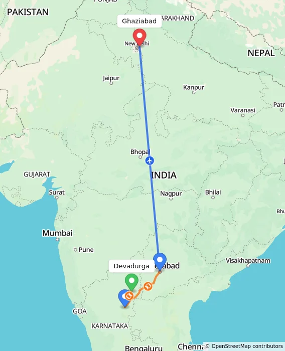 Route map showing distance and travel time from Devadurga, India to Ghaziabad, India