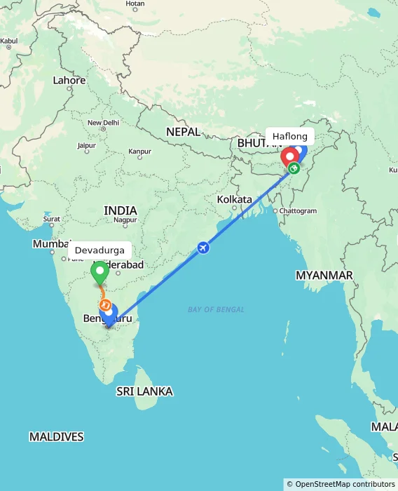 Route map showing distance and travel time from Devadurga, India to Haflong, India