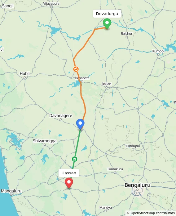 Route map showing distance and travel time from Devadurga, India to Hassan, India