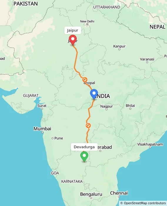 Route map showing distance and travel time from Devadurga, India to Jaipur, India