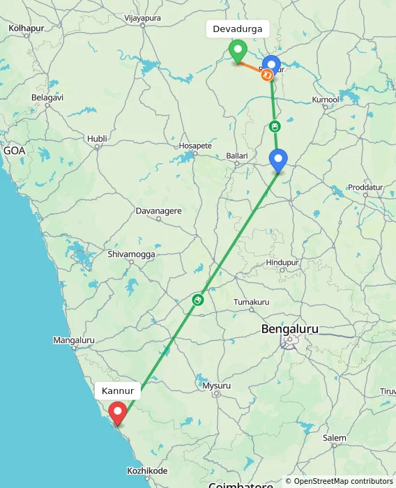 Route map showing distance and travel time from Devadurga, India to Kannur, India