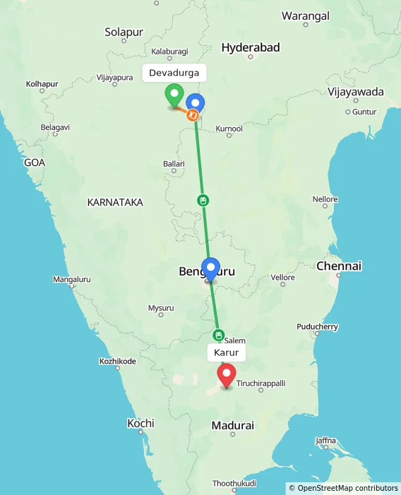 Route map showing distance and travel time from Devadurga, India to Karur, India