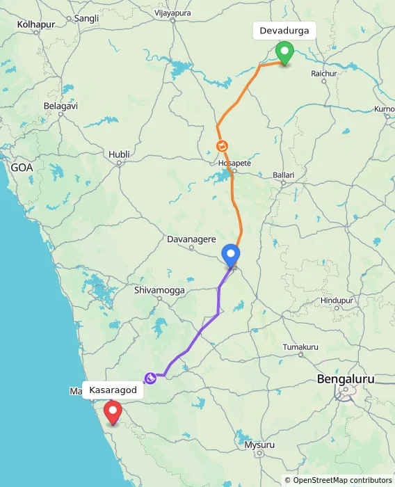 Route map showing distance and travel time from Devadurga, India to Kasaragod, India