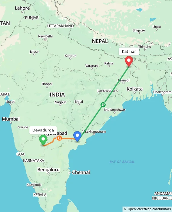 Route map showing distance and travel time from Devadurga, India to Katihar, India