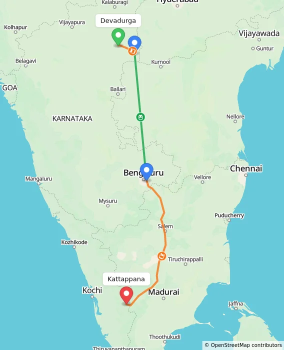 Route map showing distance and travel time from Devadurga, India to Kattappana, India