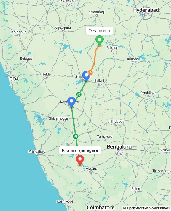 Route map showing distance and travel time from Devadurga, India to Krishnarajanagara, India