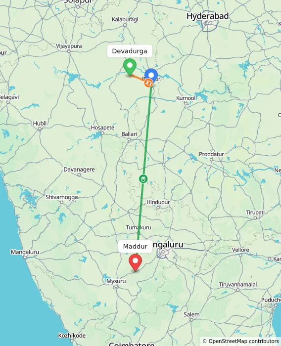 Route map showing distance and travel time from Devadurga, India to Maddur, India