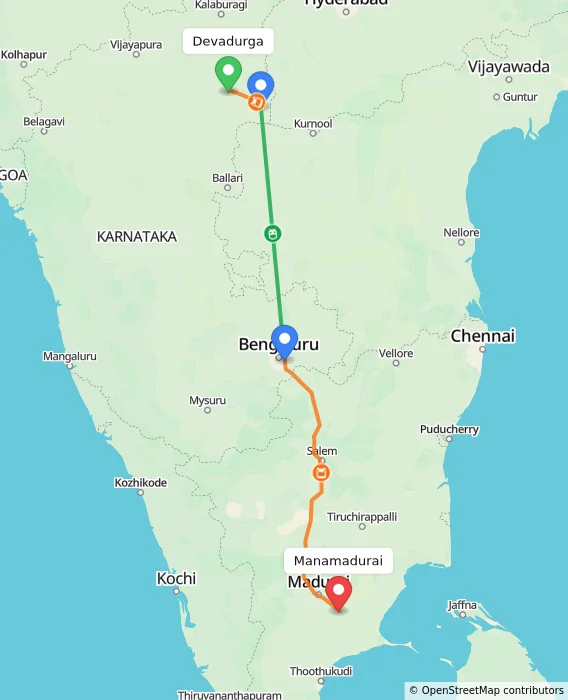 Route map showing distance and travel time from Devadurga, India to Manamadurai, India