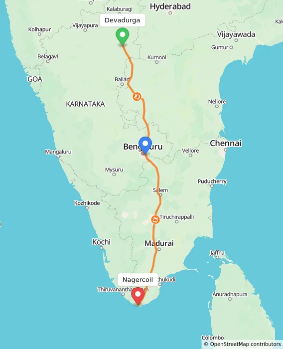 Route map showing distance and travel time from Devadurga, India to Nagercoil, India