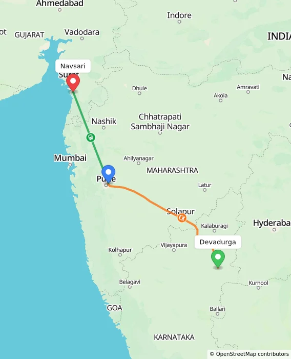 Route map showing distance and travel time from Devadurga, India to Navsari, India