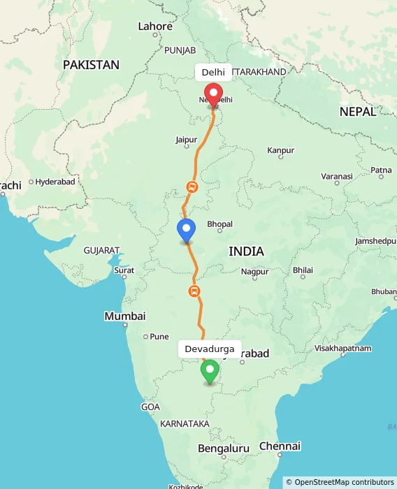 Route map showing distance and travel time from Devadurga, India to Delhi, India