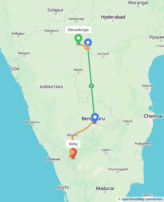 Route map showing distance and travel time from Devadurga, India to Ooty, India