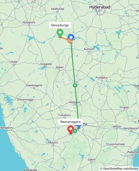 Route map showing distance and travel time from Devadurga, India to Ramanagara, India