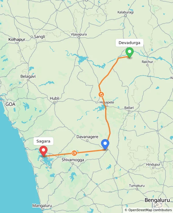 Route map showing distance and travel time from Devadurga, India to Sagara, India