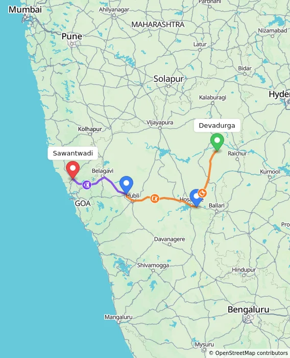 Route map showing distance and travel time from Devadurga, India to Sawantwadi, India