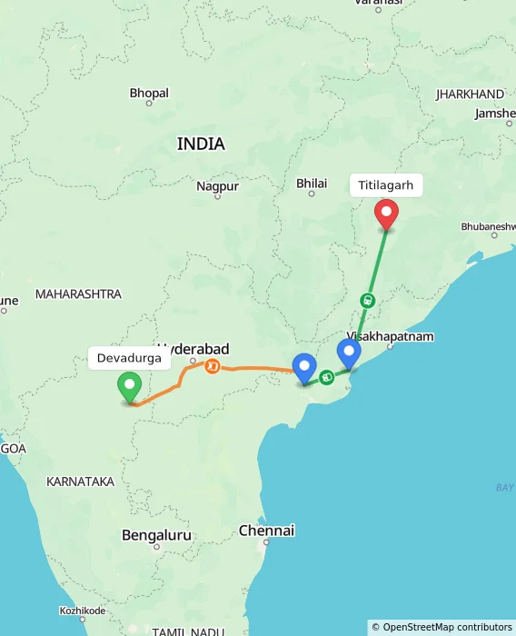 Route map showing distance and travel time from Devadurga, India to Titilagarh, India