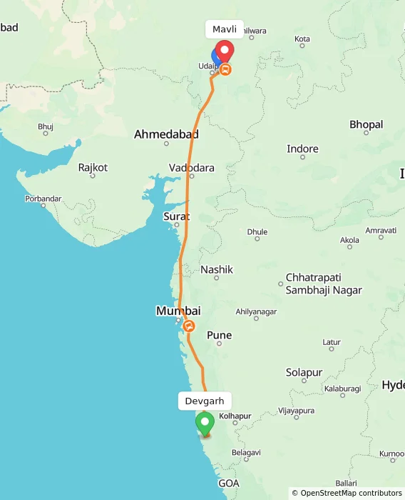 Route map showing distance and travel time from Devgarh, India to Mavli, India