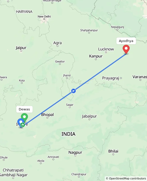 Route map showing distance and travel time from Dewas, India to Ayodhya, India