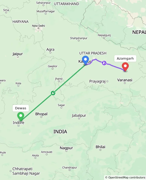 Route map showing distance and travel time from Dewas, India to Azamgarh, India