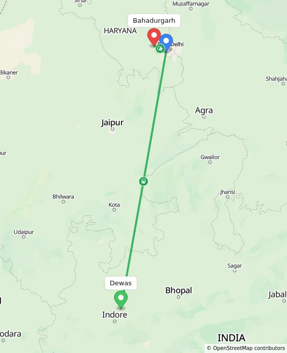 Route map showing distance and travel time from Dewas, India to Bahadurgarh, India