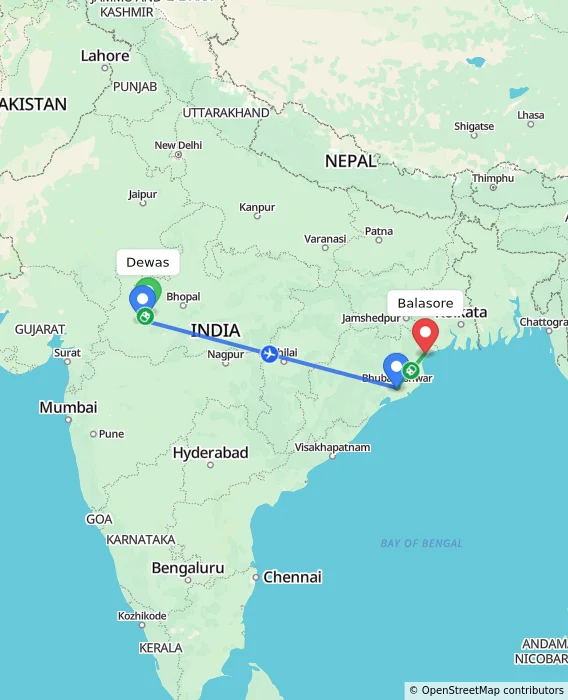 Route map showing distance and travel time from Dewas, India to Balasore, India