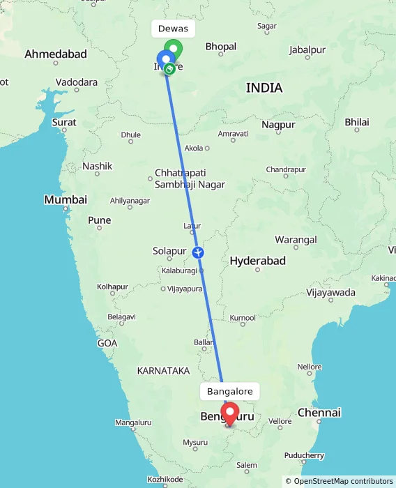 Route map showing distance and travel time from Dewas, India to Bangalore, India