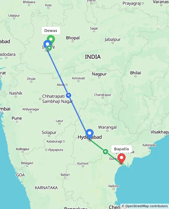 Route map showing distance and travel time from Dewas, India to Bapatla, India