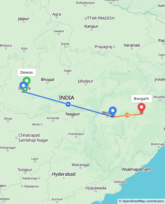 Route map showing distance and travel time from Dewas, India to Bargarh, India
