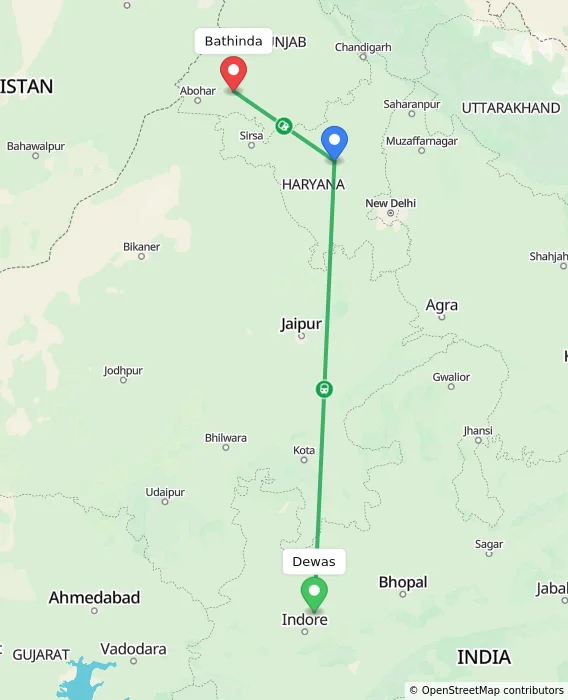 Route map showing distance and travel time from Dewas, India to Bathinda, India