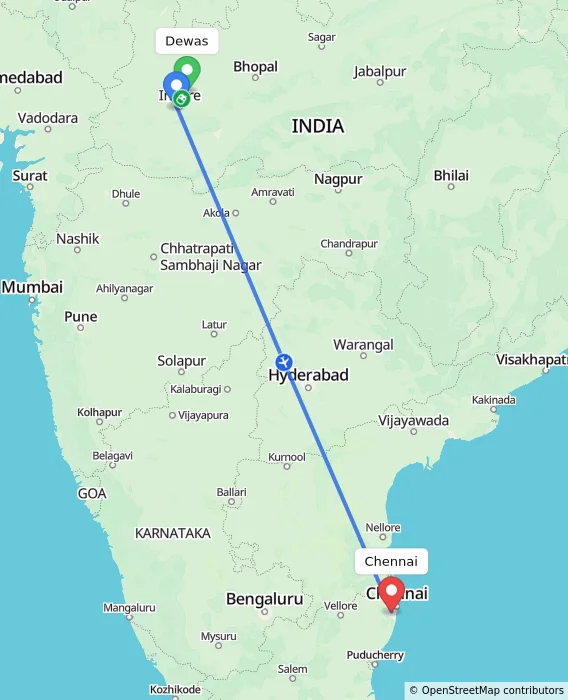 Route map showing distance and travel time from Dewas, India to Chennai, India