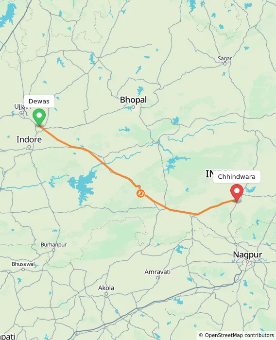 Route map showing distance and travel time from Dewas, India to Chhindwara, India