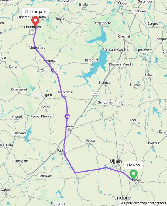 Route map showing distance and travel time from Dewas, India to Chittorgarh, India