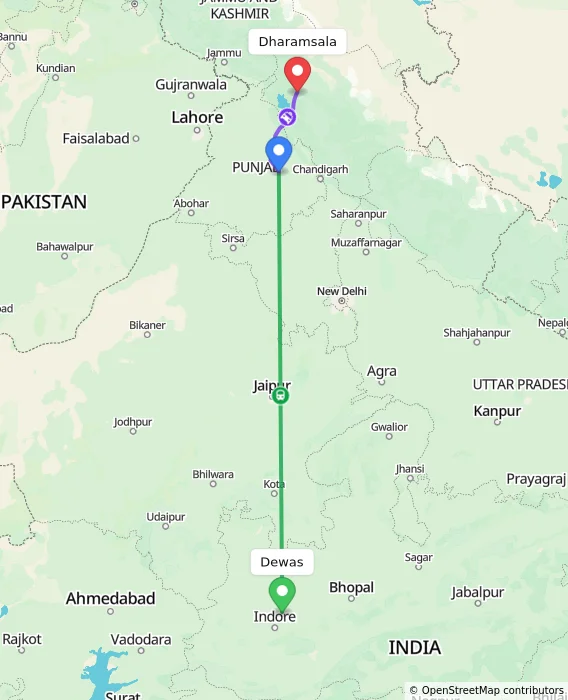 Route map showing distance and travel time from Dewas, India to Dharamsala, India
