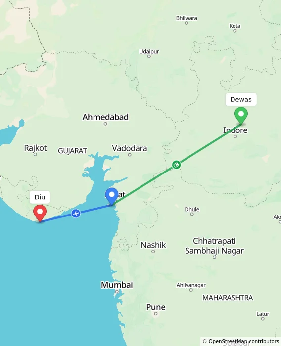Route map showing distance and travel time from Dewas, India to Diu, India