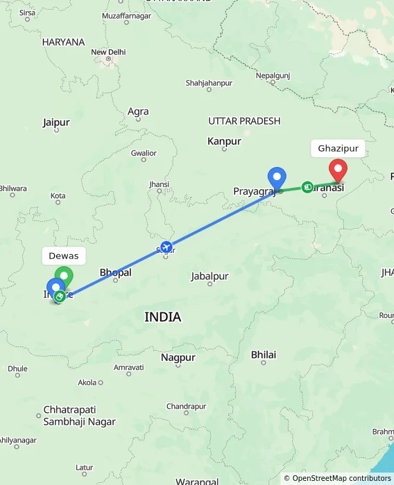 Route map showing distance and travel time from Dewas, India to Ghazipur, India