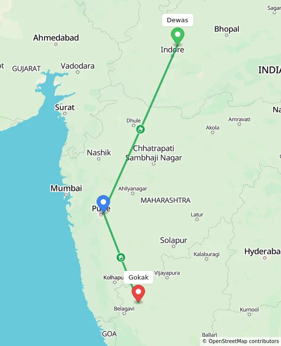 Route map showing distance and travel time from Dewas, India to Gokak, India