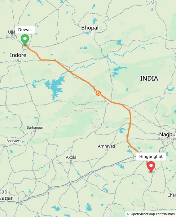 Route map showing distance and travel time from Dewas, India to Hinganghat, India