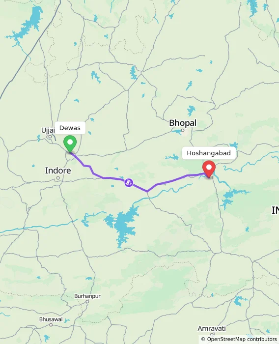 Route map showing distance and travel time from Dewas, India to Hoshangabad, India