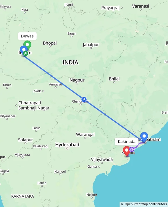 Route map showing distance and travel time from Dewas, India to Kakinada, India