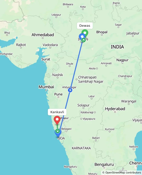 Route map showing distance and travel time from Dewas, India to Kankavli, India