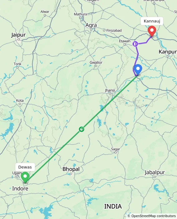 Route map showing distance and travel time from Dewas, India to Kannauj, India