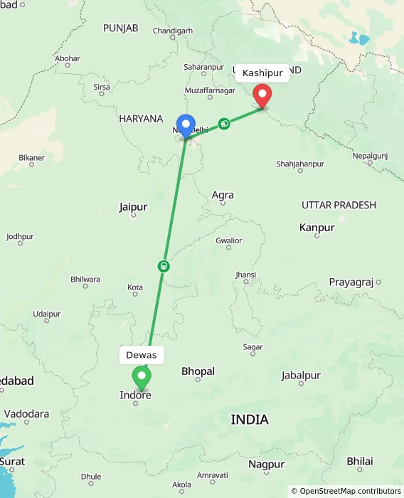 Route map showing distance and travel time from Dewas, India to Kashipur, India