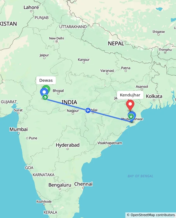 Route map showing distance and travel time from Dewas, India to Kendujhar, India