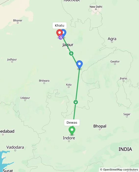 Route map showing distance and travel time from Dewas, India to Khatu, India