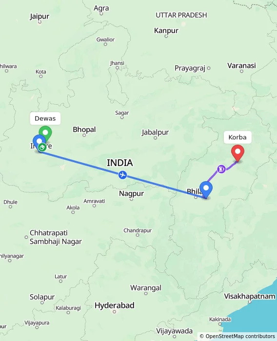 Route map showing distance and travel time from Dewas, India to Korba, India