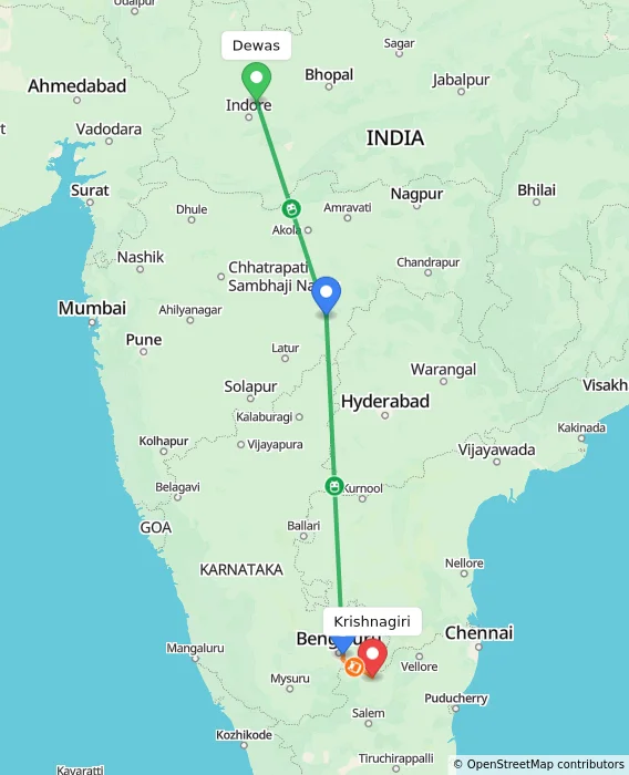 Route map showing distance and travel time from Dewas, India to Krishnagiri, India