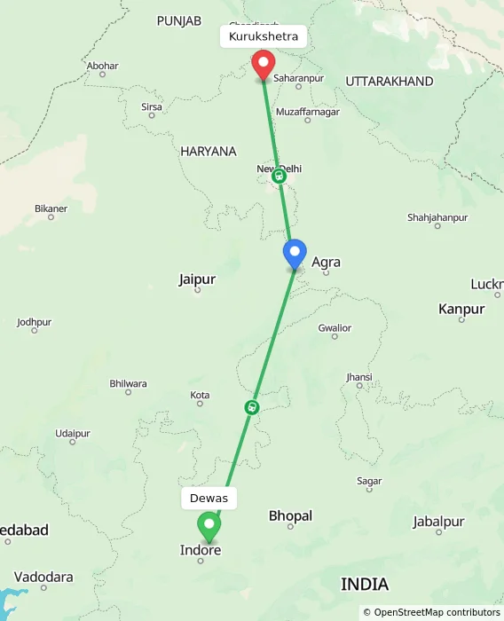 Route map showing distance and travel time from Dewas, India to Kurukshetra, India
