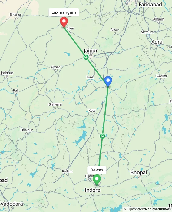 Route map showing distance and travel time from Dewas, India to Laxmangarh, India