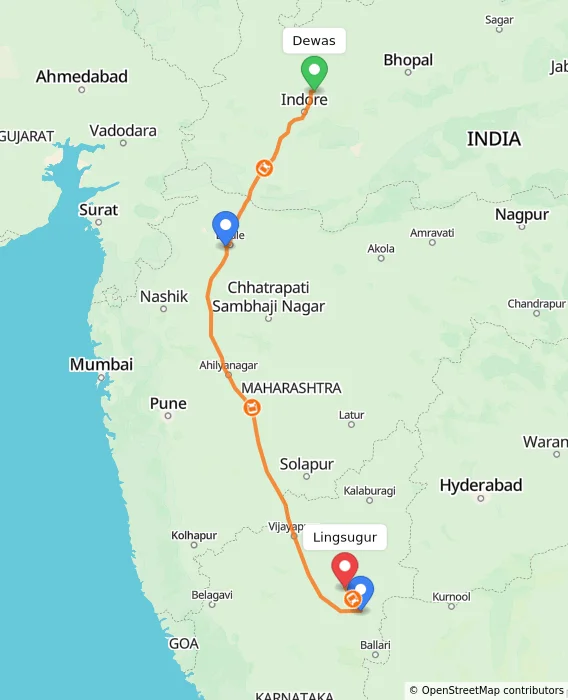 Route map showing distance and travel time from Dewas, India to Lingsugur, India